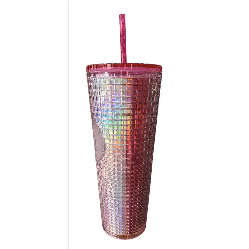 Starbucks 2023 Grid Bubblegum Gradient Pink Silver Iridescent Tumbler Cup 24 oz